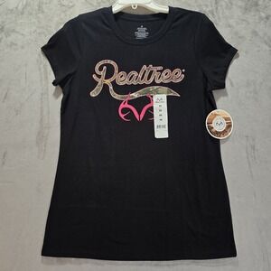 Realtree Women's Size Medium Black Short Sleeve Pink Antlers Camo T-Shirt